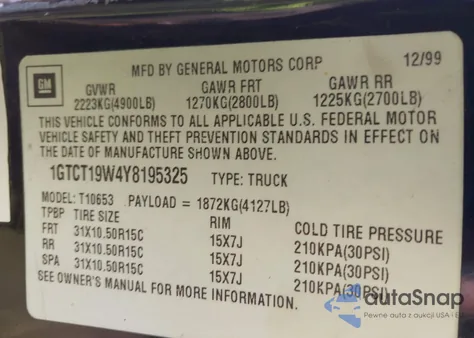 2000 GMC Sonoma Sls from USA, damaged, VIN 1GTCT19W4Y8195325